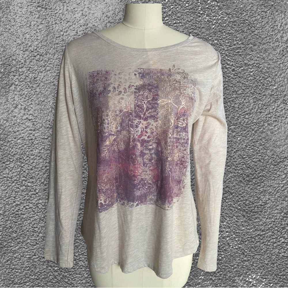 Beige Cotton Long Sleeve Tee with Purple & Gold Graphic Design